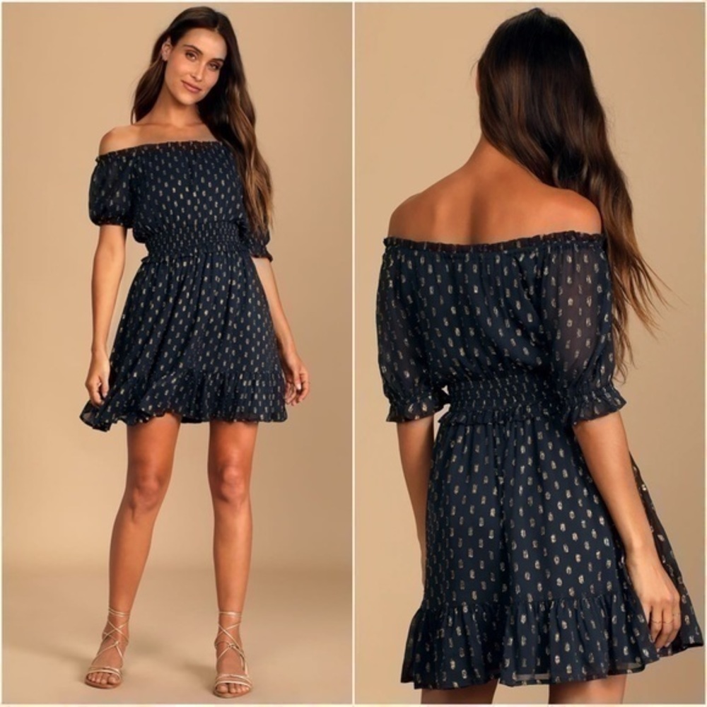 Lulu’s Touch of Glam Navy Blue Dotted Off Shoulder Mini Dress